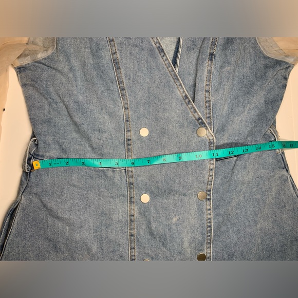 Denim Dress with Mesh See through Sleeves V neck Denim Dress - Picture 8 of 14